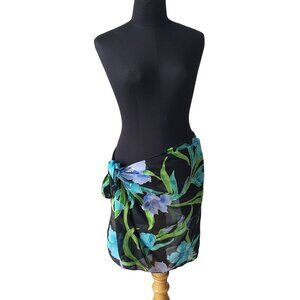 Vintage Black Blue Teal Gold Floral Swim Cover Up Wrap Skirt Sarong Beach Resort